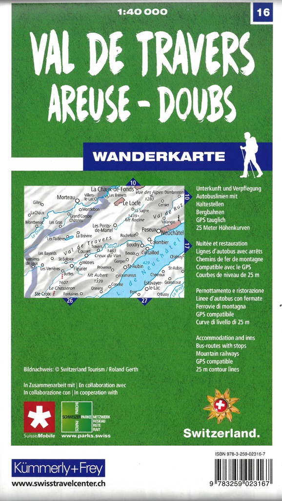 WK16 Val de Traver-Areuse-Doubs, carte pédestre 1:40'000