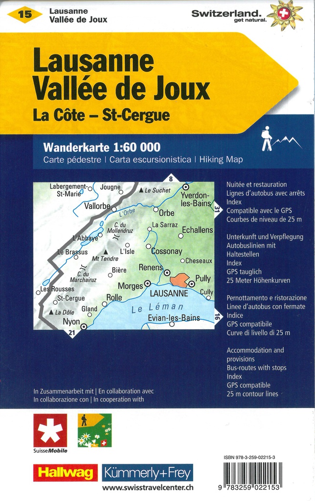 WK15 Lausanne-Vallée de Joux, carte pédestre 1:60'000