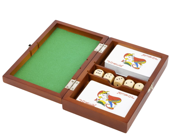 Boîte en bois avec cartes et jeu de dés