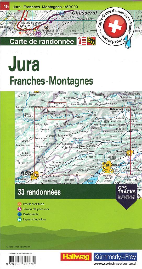 Carte pédestre 1:50'000 Jura avec 33 randonnées,TWK15