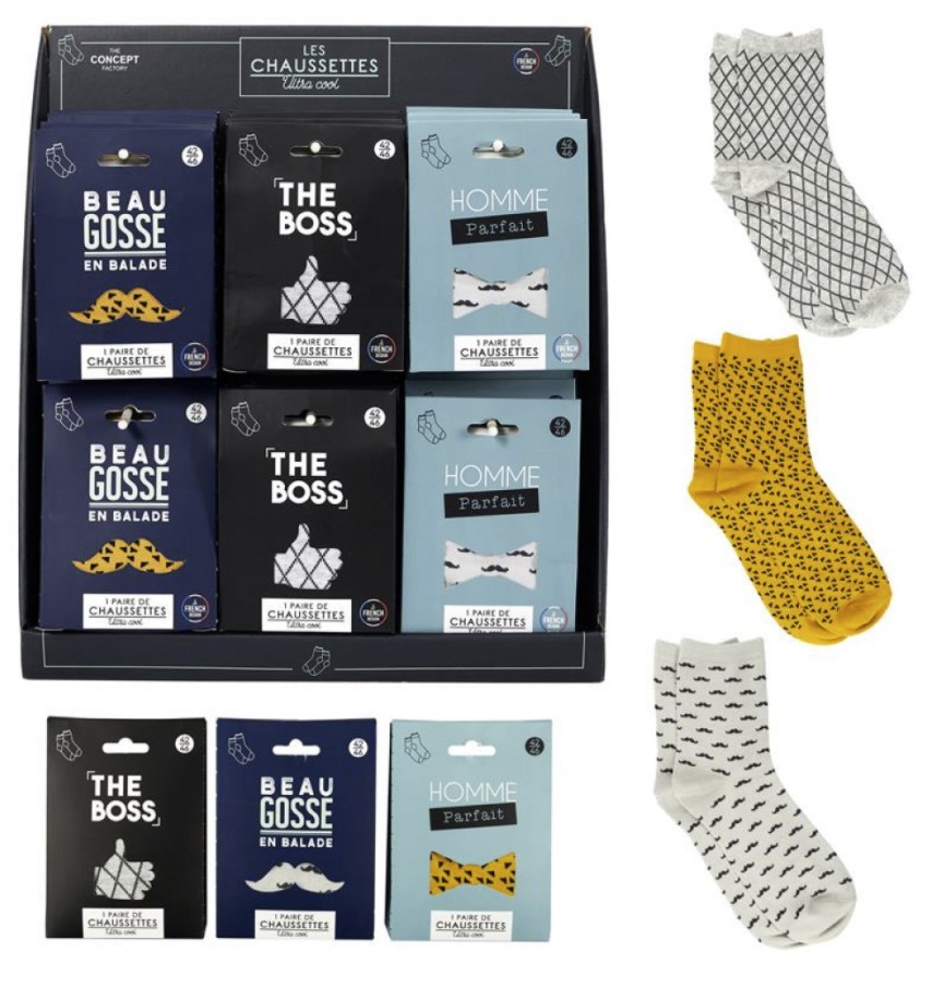 Display 24 paires de chaussettes hommes, 3 assorties (9.90/pce)