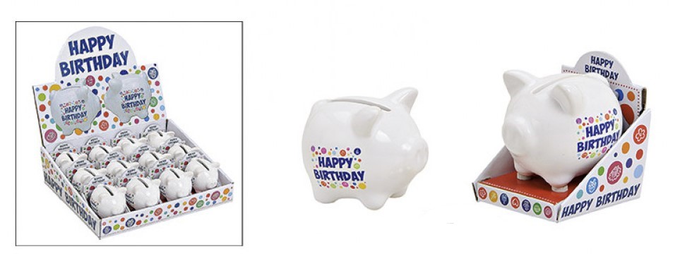 Display 12 tirelires cochon Happy Birthday (4.90/pce)