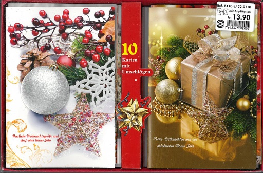 [BX10-EJ 22-0110] Box 10 verschiedene Weihnachts-Doppelkarten mit Applikation (statt 13.90)