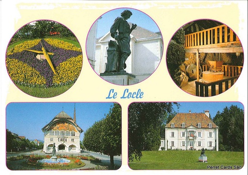 [1020525] Postcards 20525 Le Locle, Montre fleurie, Moulins, Hôtel de Ville, Château des Monts